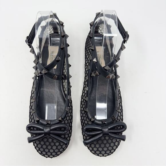 Valentino Rockstud Black Mesh Bow Ballet Flats Size 38.5 - Picture 3 of 13